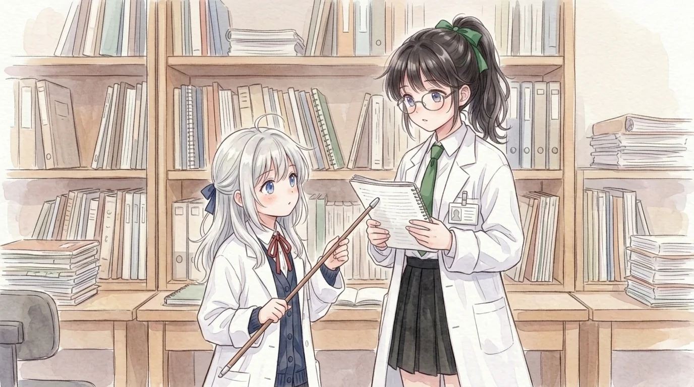 台帳を読む一葉と、横で説明する知秋