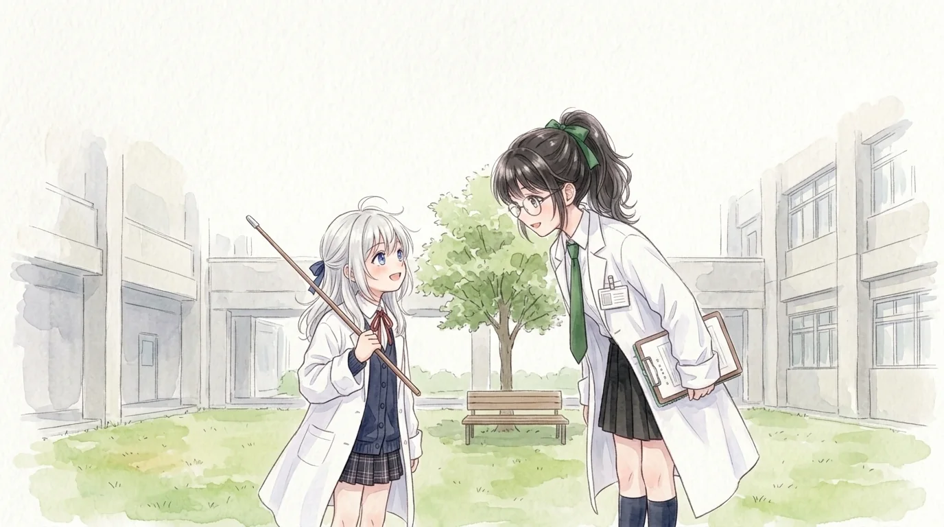 身をかがめて話しかける一葉と、指し棒を担いで笑う知秋