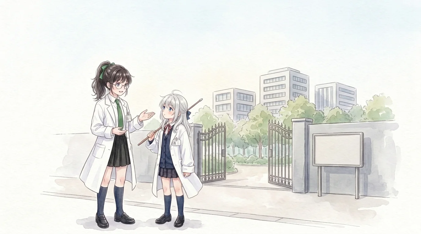 話す一葉と、指し棒を担いで聞く知秋