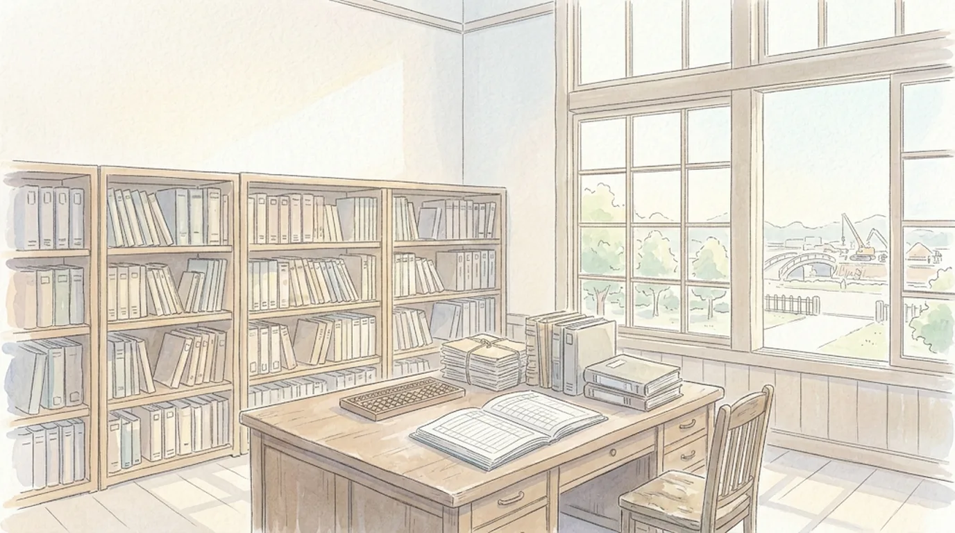 県庁の会計の部屋。綴じた帳簿の並ぶ棚と、開いた帳簿・算盤・書類の束を置いた木の机、窓の外に前庭と遠くの橋の工事が見える、人のいない水彩画