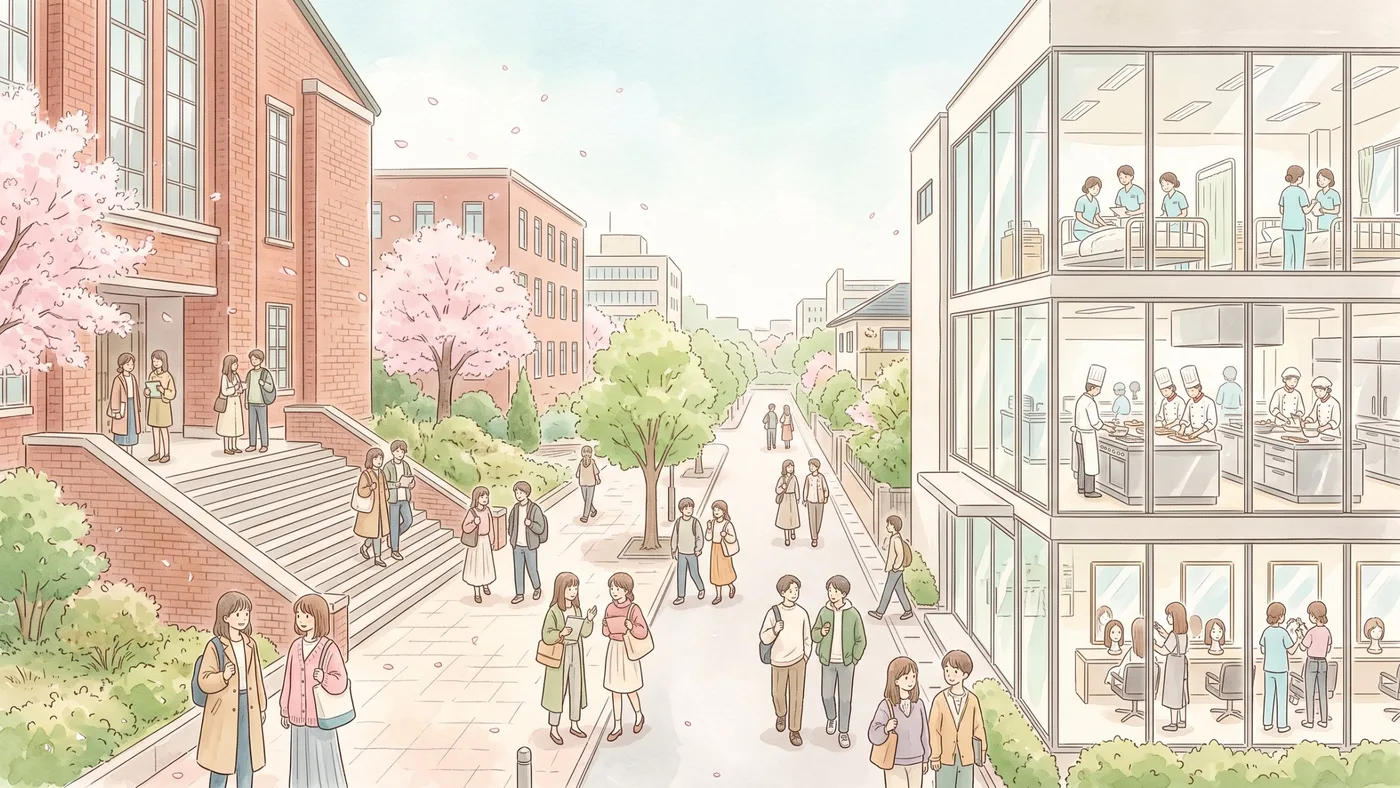 桜の散る春の通りで、赤れんがの大学の階段を行き来する学生たちと、向かいのガラス張りの専門学校の中で看護、調理、美容を習う人たちを描いた水彩画