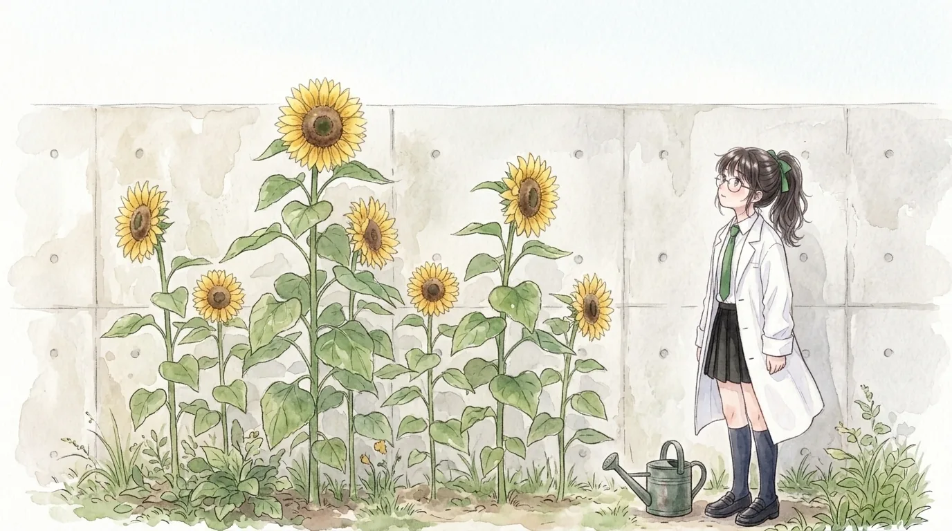 コンクリートの塀の前に並んだ背丈のちがうひまわりを、一葉が見上げる水彩画。足元にじょうろ