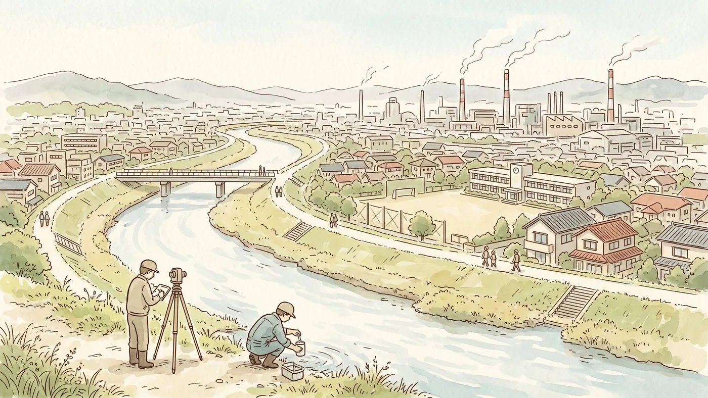 川の流れる町を見下ろす丘で、作業着の人が川の水をくみ、三脚の計器のそばで記録をつけている。中ほどに住宅地と小学校、奥に工場の煙突から白い湯気がのぼる水彩画