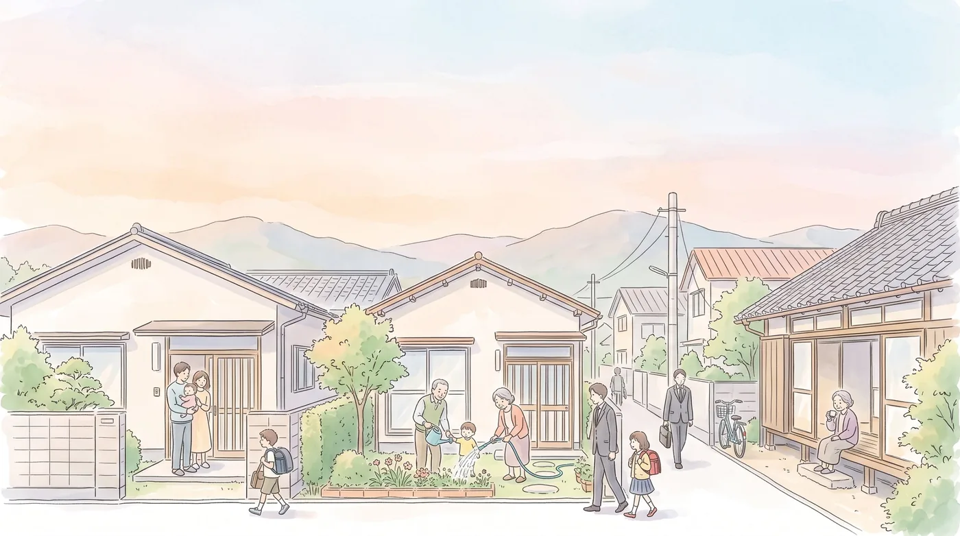 夕方の住宅街。赤ちゃんを抱いた若い夫婦の家、庭で祖父母と孫が花に水をやる家、縁側でお茶を飲む一人暮らしのおばあさんの家が並び、通りを小学生とスーツの人が歩く水彩画