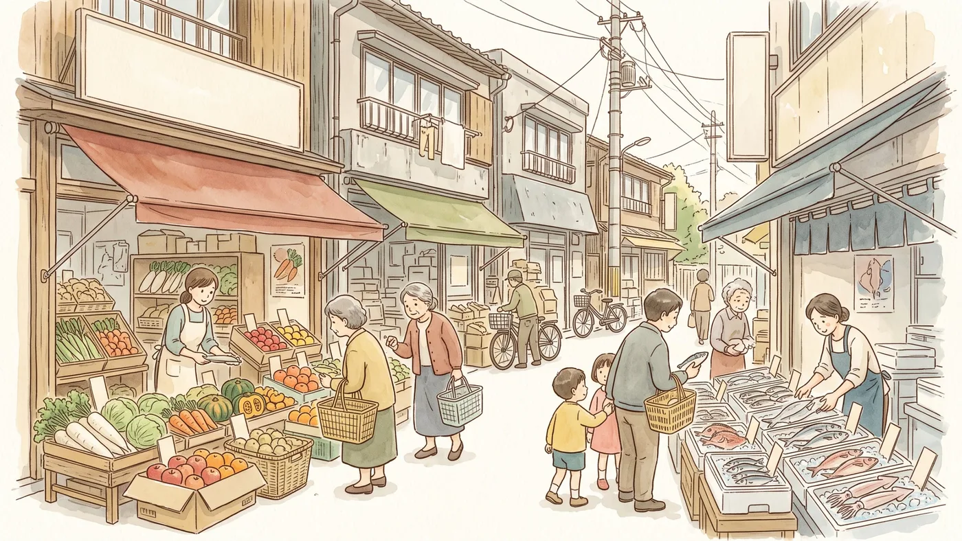商店街の八百屋と魚屋で、買い物かごを手に品物を選ぶ人々の水彩画
