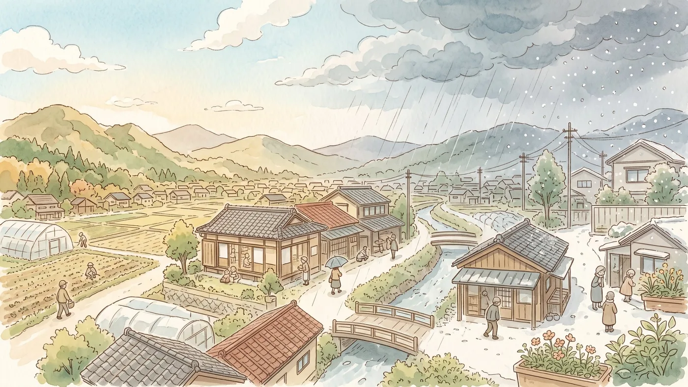 晴れから雨、雪へと空が移りゆく、山あいの町を見下ろす水彩画