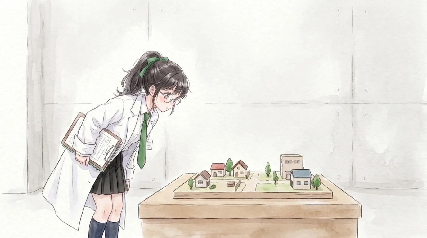 木の台に置かれた家が数軒だけの町の模型を、一葉がかがんでのぞき込む水彩画