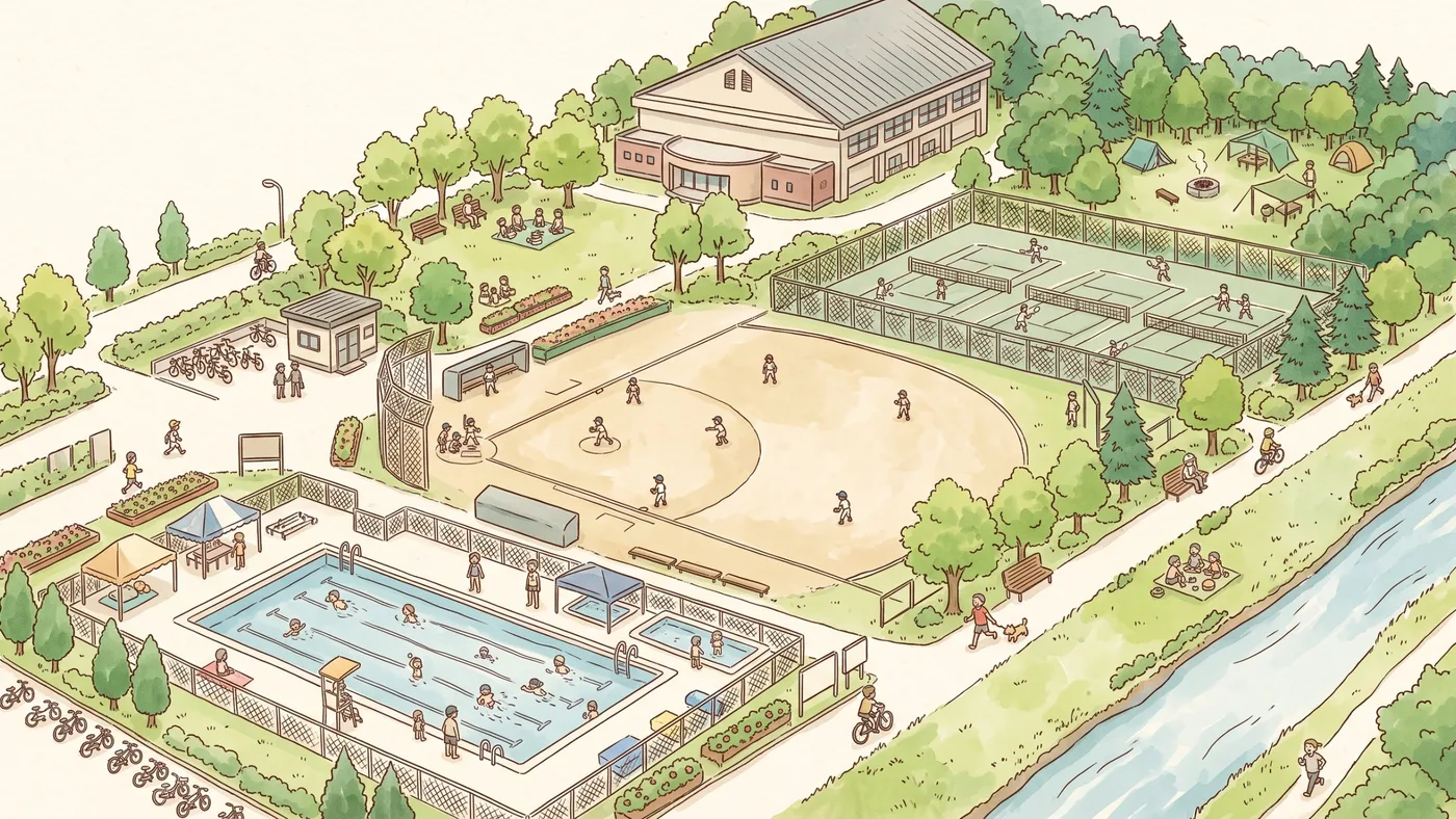 川沿いの運動公園を上から見た、屋外プールで泳ぐ子どもたち、野球場とテニスコート、奥の体育館と木立のキャンプ場の水彩画