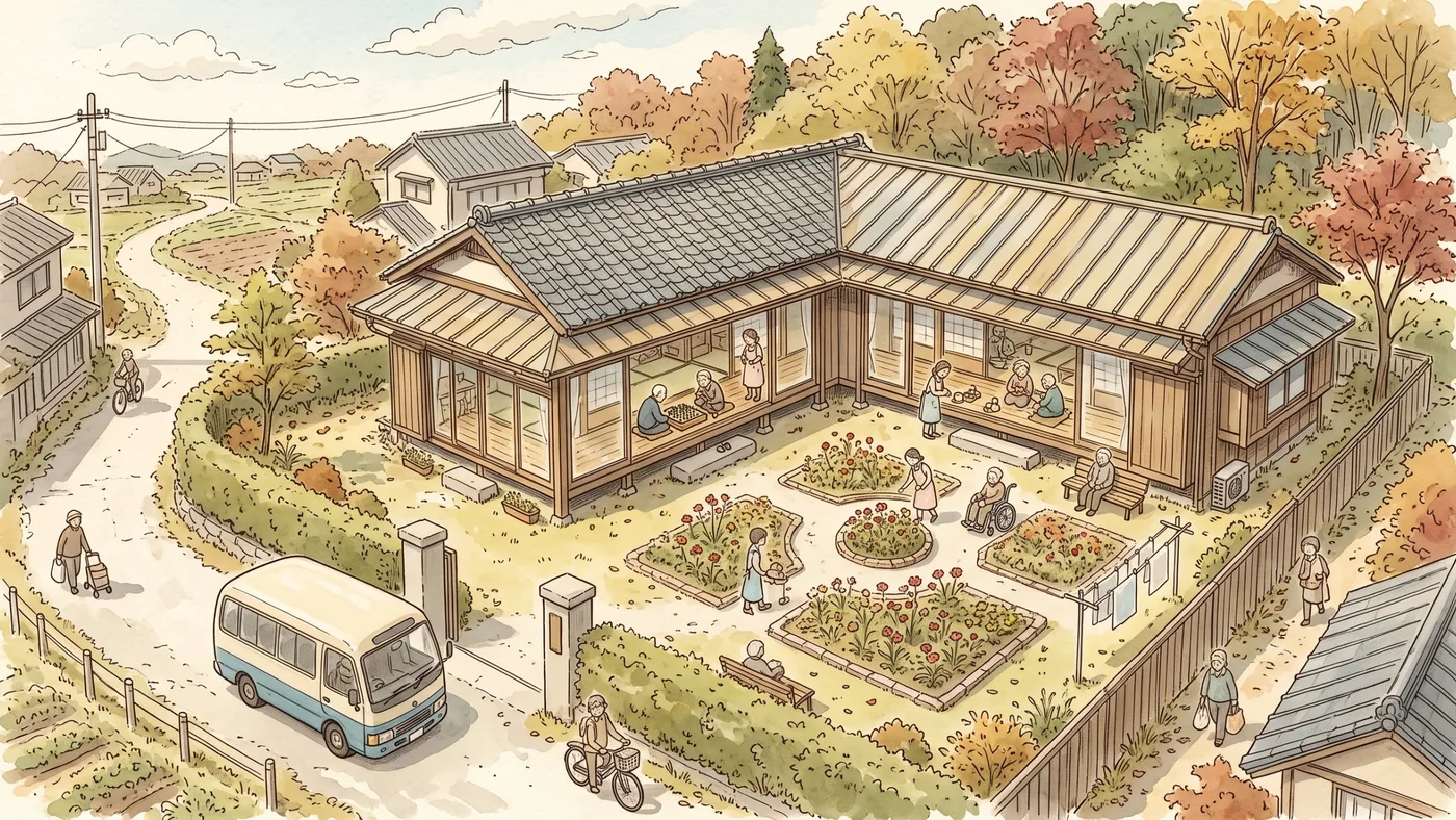 秋の住宅地のはずれに建つ平屋の老人ホームで、縁側で将棋をするお年寄りと、花壇の中庭で車いすの人に付き添う職員、門の前の送迎バスを描いた水彩画