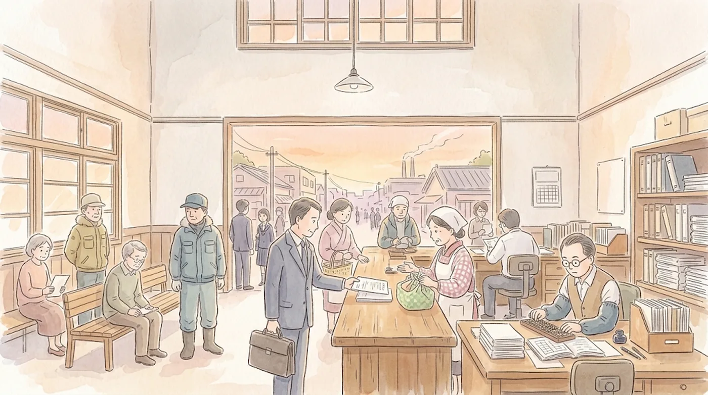 昭和の市役所の税の窓口。木のカウンターで会社員や商店のおかみさんが書類を出し、奥で職員が台帳を開いて算盤をはじく。長椅子で待つ人たちと、戸口の向こうに夕暮れの町と工場の煙突が見える水彩画