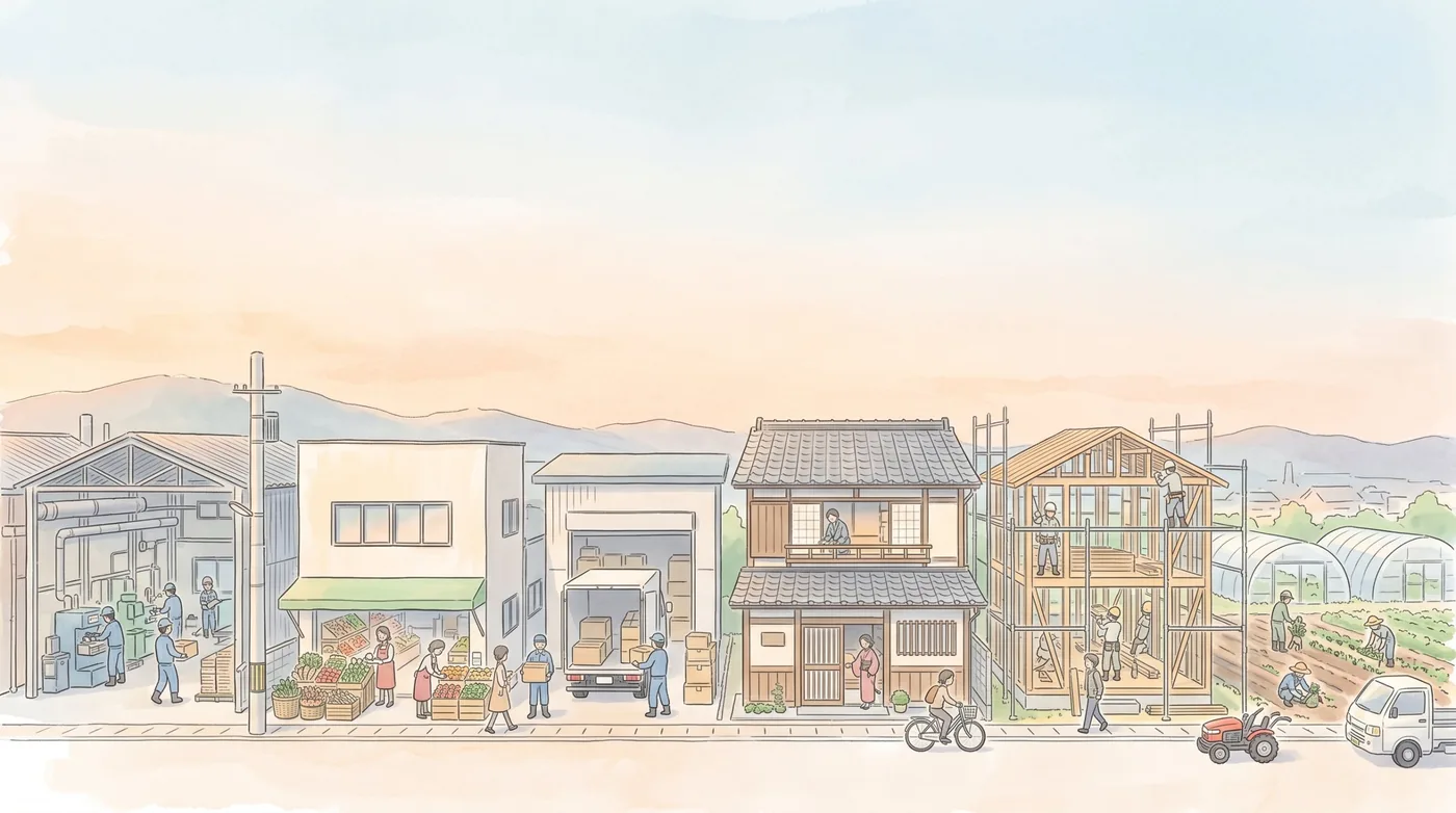 小さな町の一本の通りに、町工場、八百屋、運送会社の倉庫とトラック、旅館、建設中の家、ビニールハウスと畑が並び、それぞれで人が働く水彩画