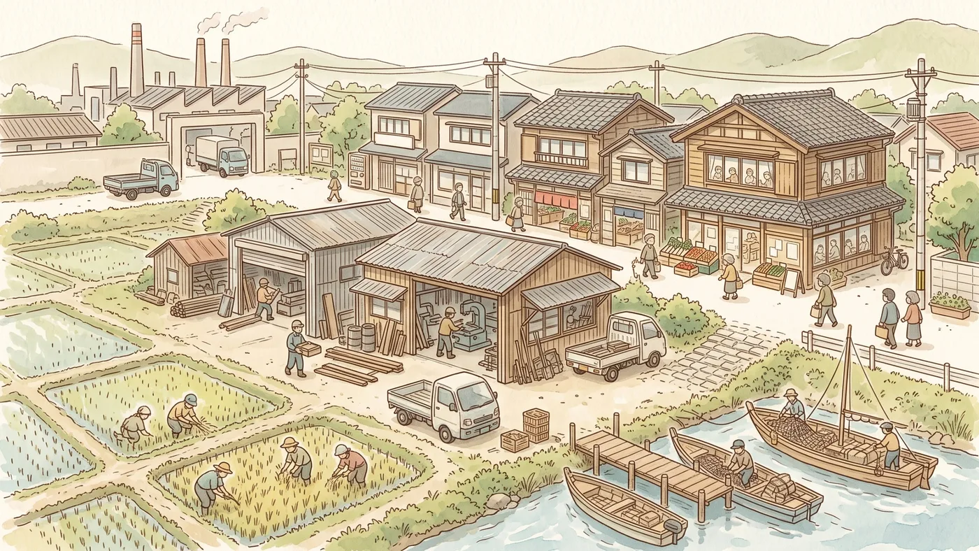 田んぼで稲を刈る人、町工場で働く人、商店街の店先、川辺の漁船が一つの町に収まった鳥瞰の水彩画