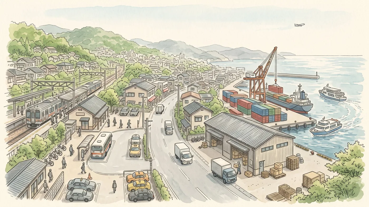 海辺の町を見下ろした水彩画。駅に電車が着き、駅前にはバスとタクシーが並ぶ。通りをトラックが走り、倉庫で荷を積む人。港にはコンテナを積む貨物船とクレーン、旅客船が出入りし、空を飛行機が飛ぶ