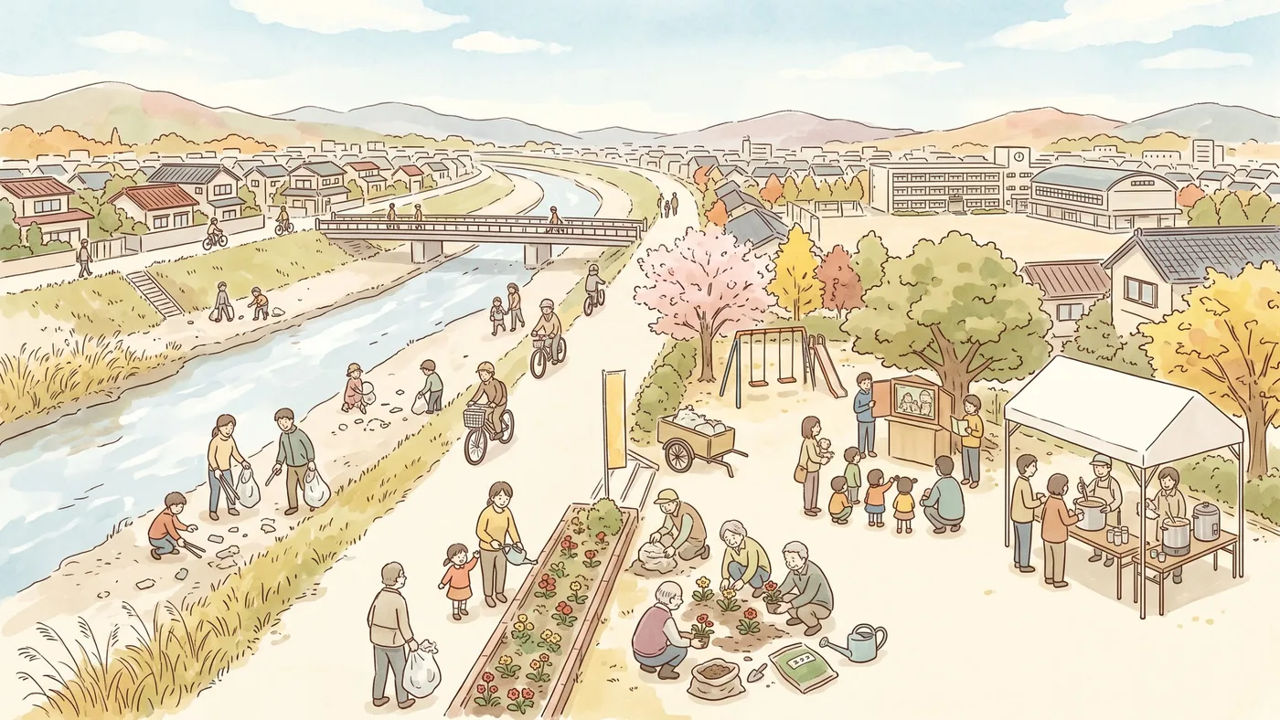 秋晴れの川沿いの土手と公園で、川原のごみを拾う親子、花壇に苗を植えるお年寄り、子どもたちに紙芝居を読む人、テントで温かい飲み物を配る人たちを描いた水彩画